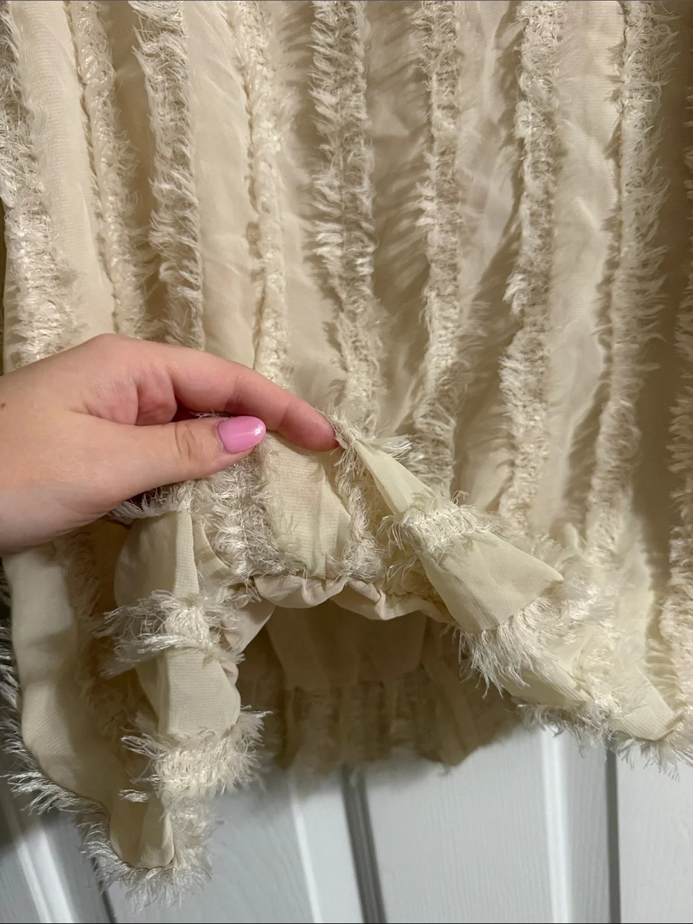 Joh Women's Cream Puff Sleeve Fringe Bubble Hem Blouse Size Medium